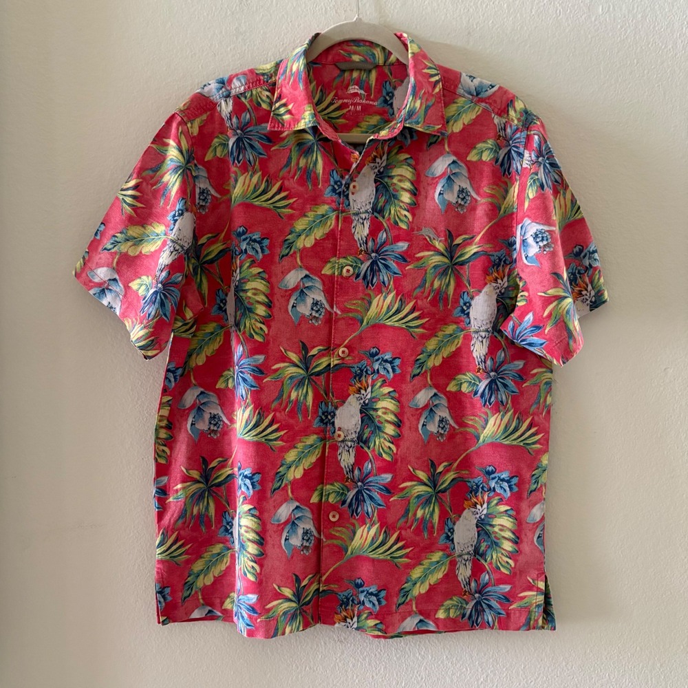 Tommy Bahama Mens Red Tropical Parrot Floral Print Cotton Camp Shirt Size Medium